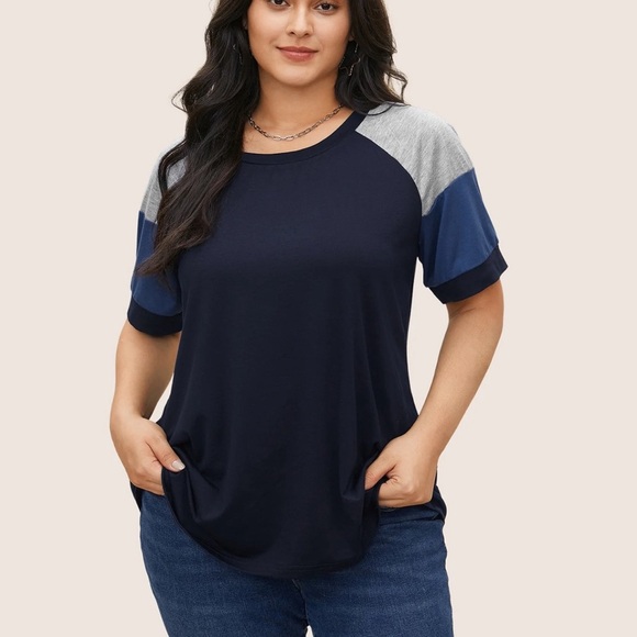 BloomChic Colorblock Contrast Crew Neck Raglan Sleeve T-shirt - Picture 1 of 7